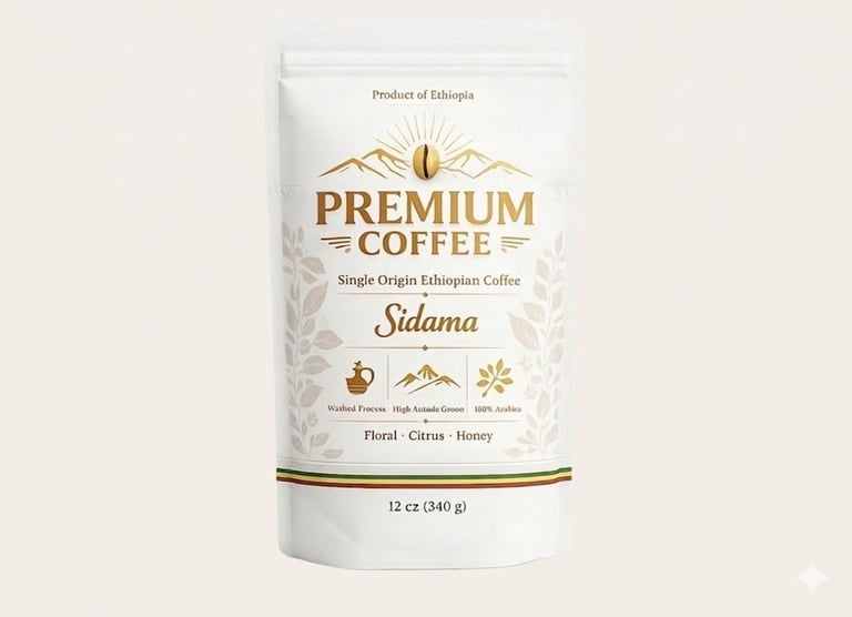 A white 12oz Premium Coffee bag from Ethiopia with Sidama labeling and tasting notes of Floral, Citrus, and Honey.