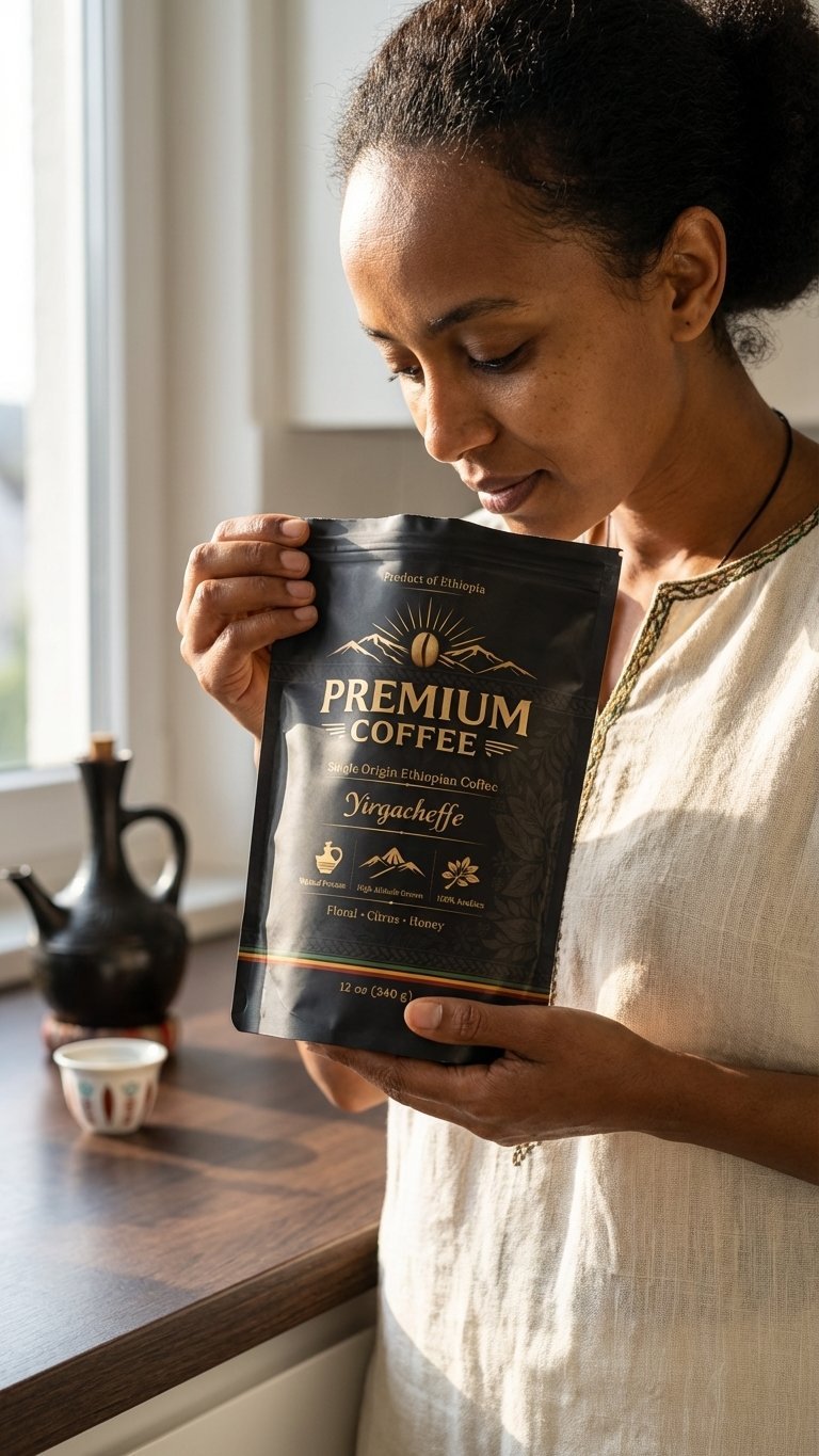 Woman holding a black Premium Coffee package from Ethiopia by a bright window in her home