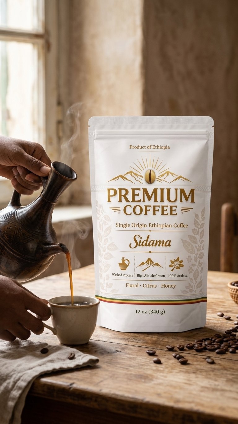 A hand pouring premium Ethiopian Sidama coffee from a traditional vessel into a ceramic cup, with a branded coffee bag and scattered beans on a wooden table