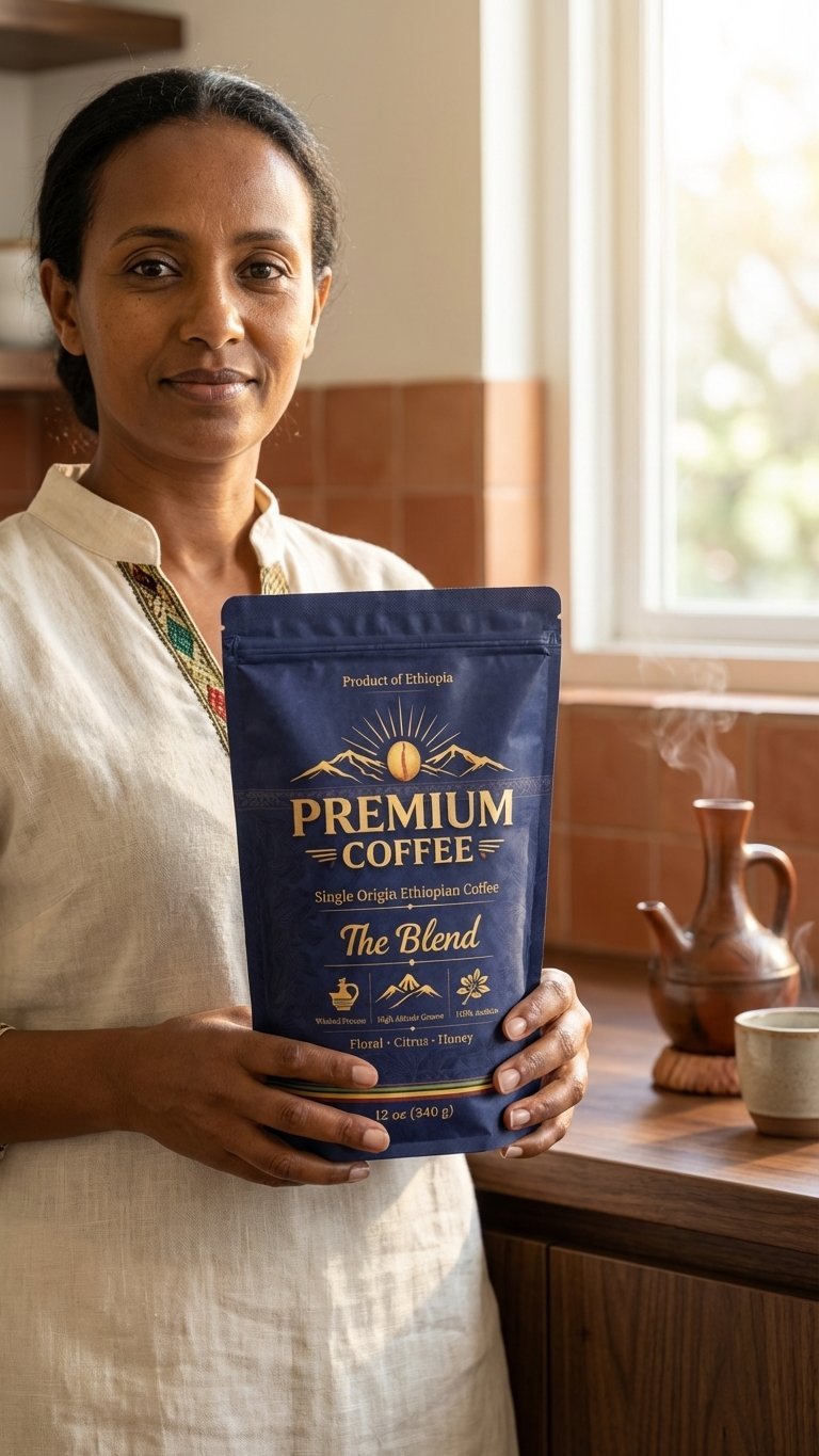 Woman holding a navy blue Premium Coffee package from Ethiopia in a bright kitchen with coffee brewing equipment
