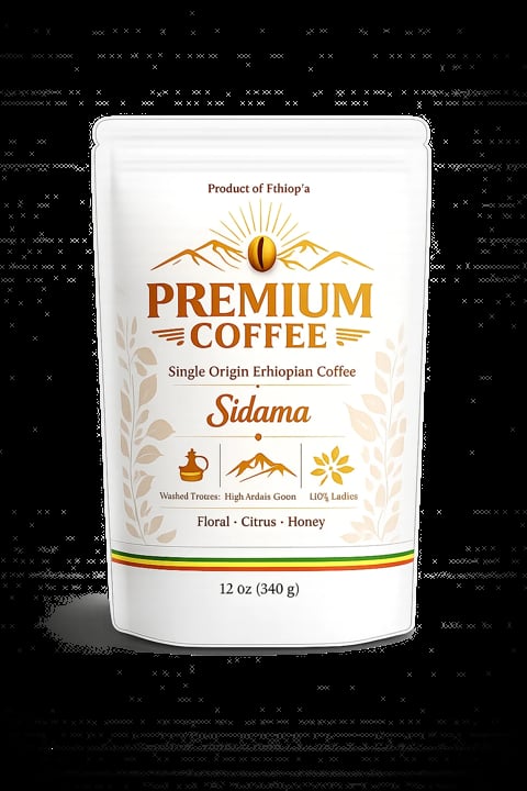 Premium Coffee package from Ethiopia labeled Sidama, 12 oz bag with mountain and coffee bean logo, featuring floral, citrus, and honey notes