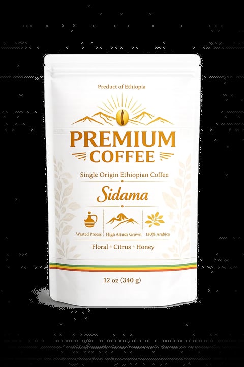 Package of Premium Coffee from Ethiopia labeled Sidama, 12 oz, featuring gold branding and flavor notes of floral, citrus, and honey