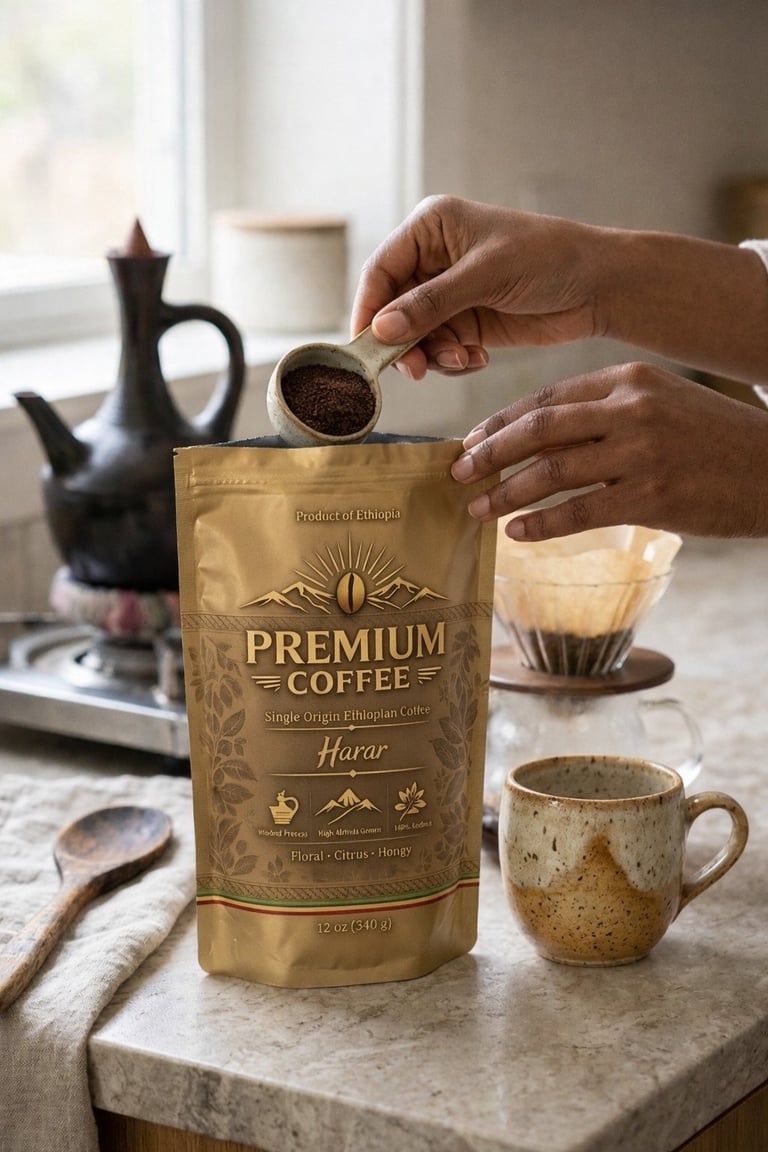 Person scooping premium Ethiopian coffee grounds into a cup, with coffee maker and ceramic mug on marble counter